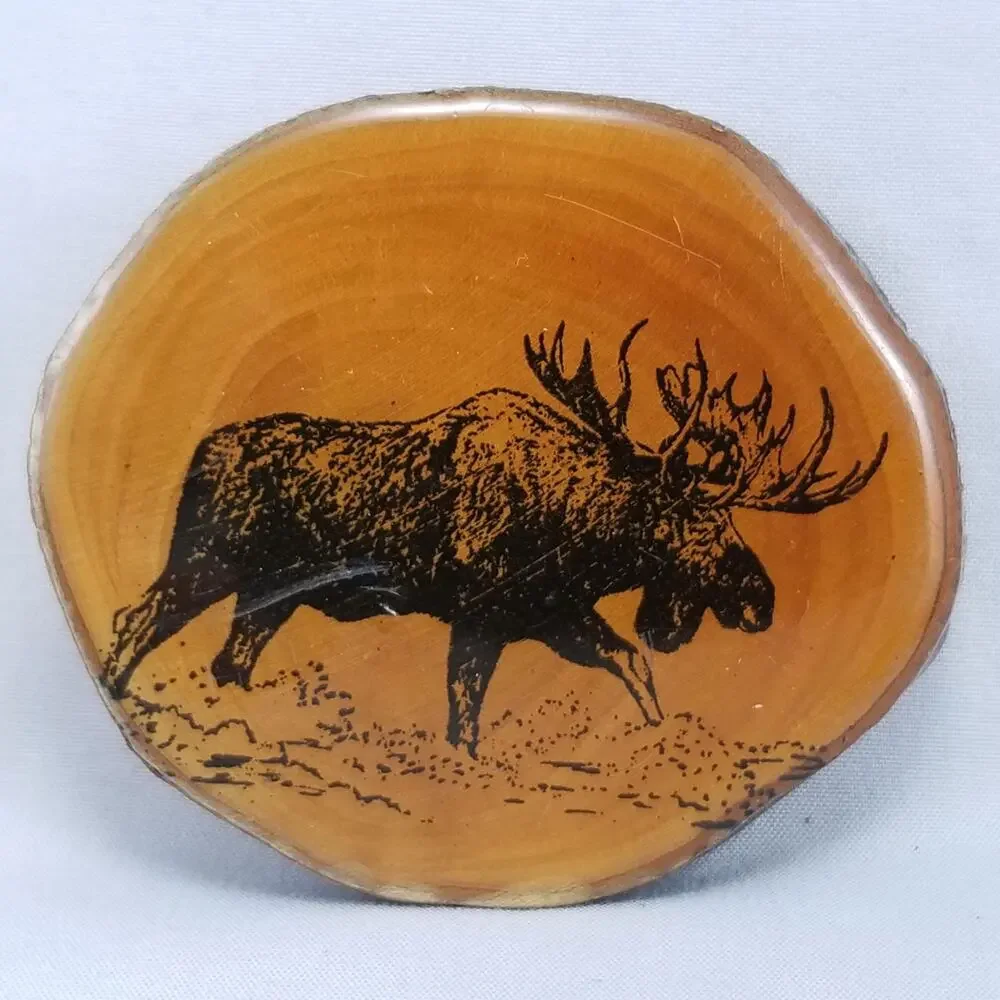 Vintage Belt Buckle‎ Thick Wooden Printed Moose Enamel Covered W/ Brass Hardware